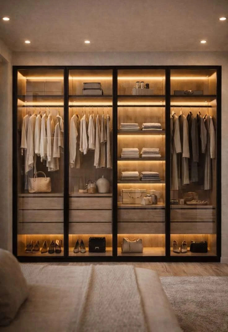 Glass-front wardrobe with warm lighting and organised compartments